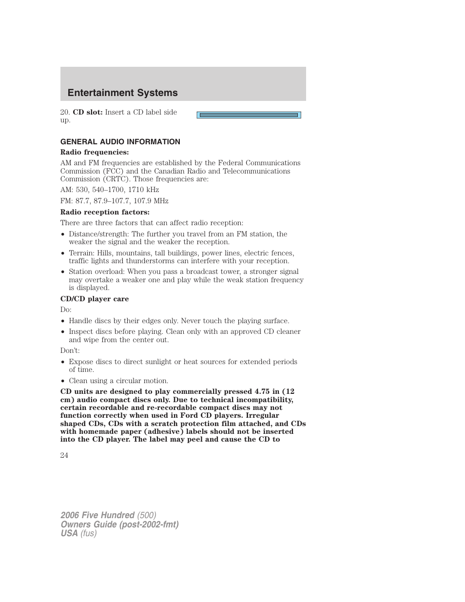 General audio information, Entertainment systems | FORD 2006 Five Hundred v.1 User Manual | Page 24 / 272