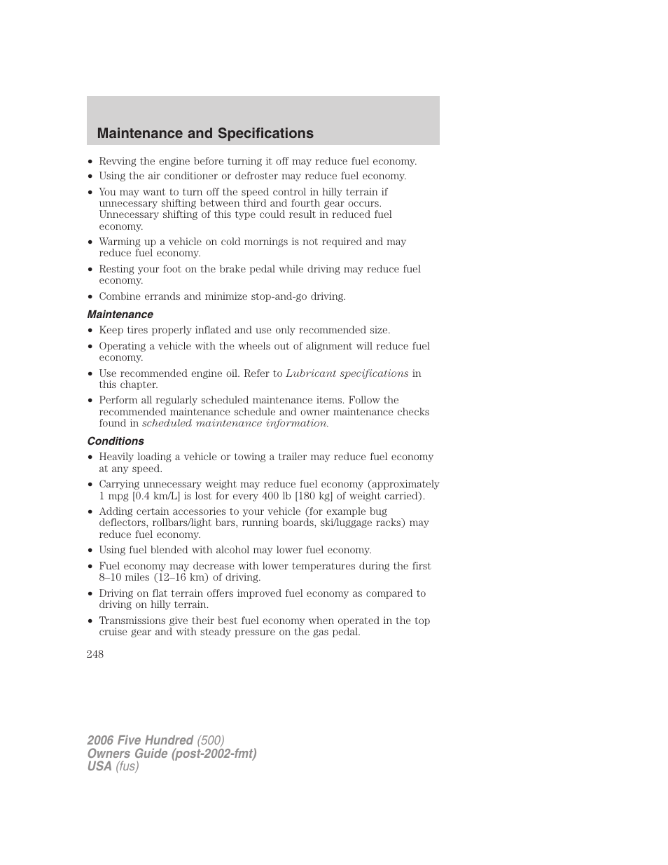 Maintenance, Conditions, Maintenance and specifications | FORD 2006 Five Hundred v.1 User Manual | Page 248 / 272