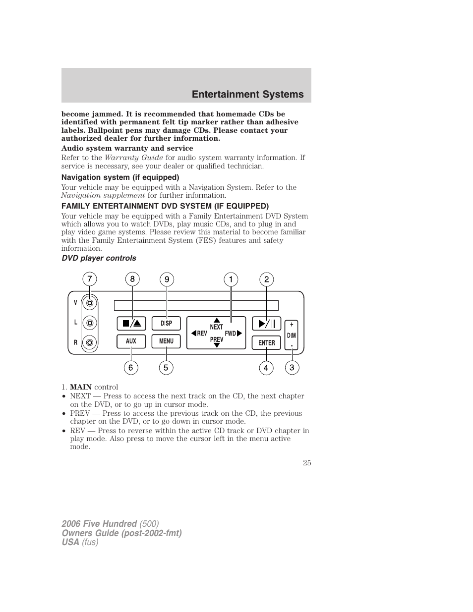 Navigation system (if equipped), Family entertainment dvd system (if equipped), Dvd player controls | Family entertainment system, Entertainment systems | FORD 2006 Five Hundred v.1 User Manual | Page 25 / 272