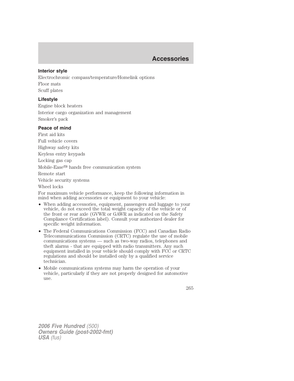 Interior style, Lifestyle, Peace of mind | Accessories | FORD 2006 Five Hundred v.1 User Manual | Page 265 / 272