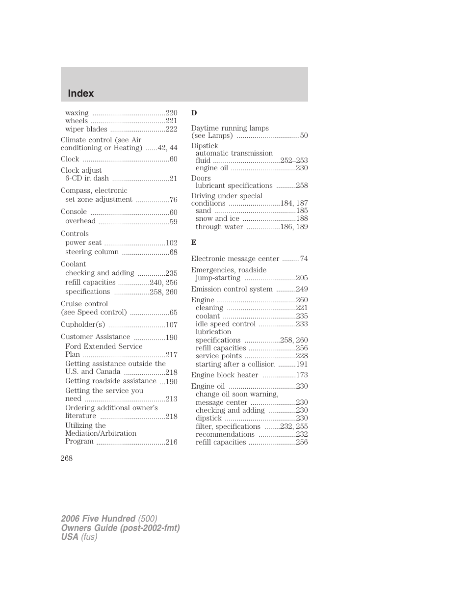 Index | FORD 2006 Five Hundred v.1 User Manual | Page 268 / 272