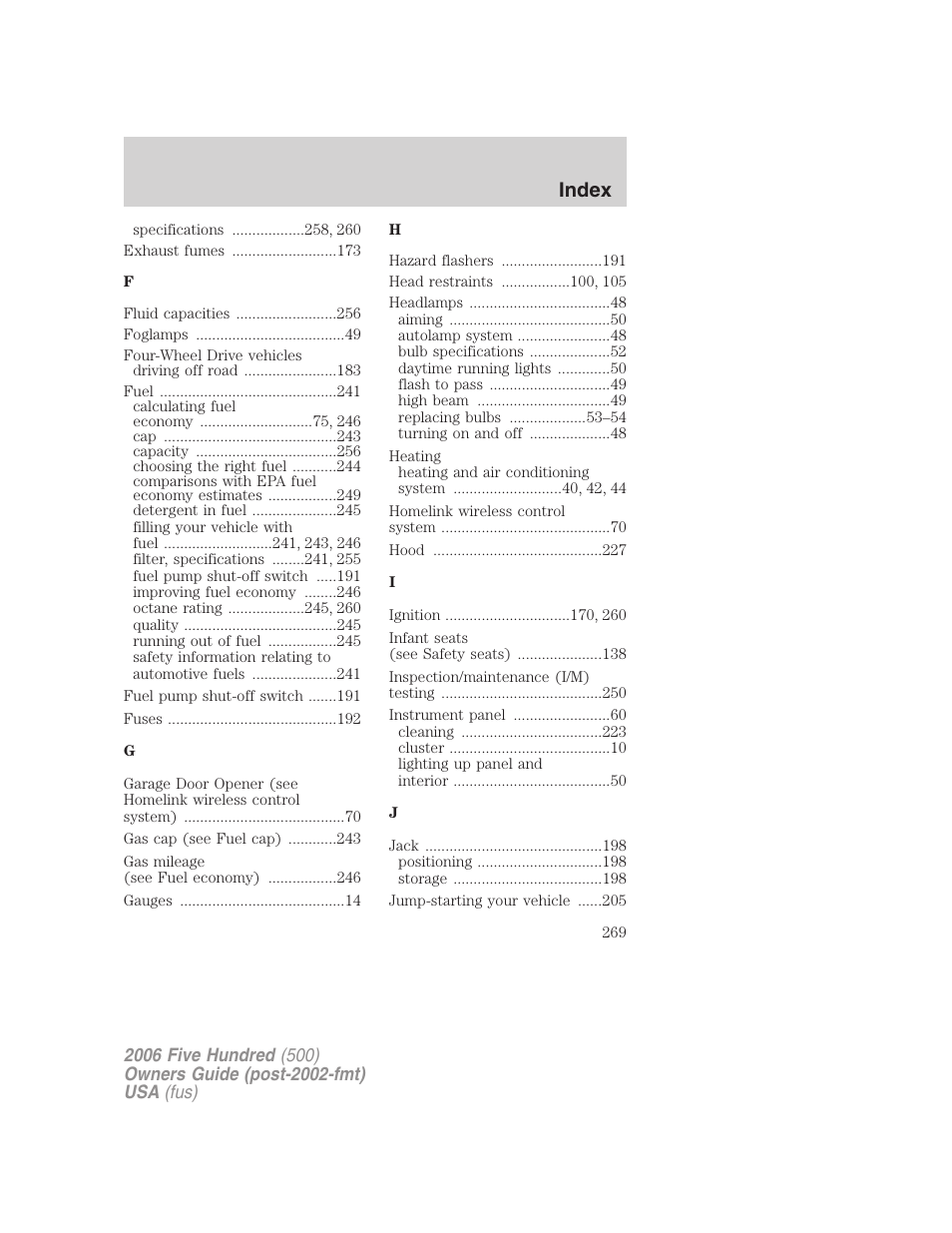 Index | FORD 2006 Five Hundred v.1 User Manual | Page 269 / 272