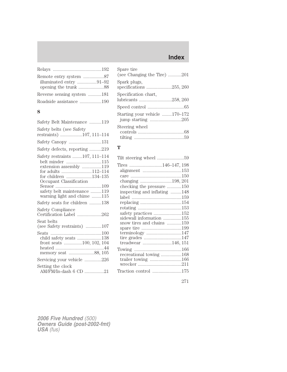 Index | FORD 2006 Five Hundred v.1 User Manual | Page 271 / 272