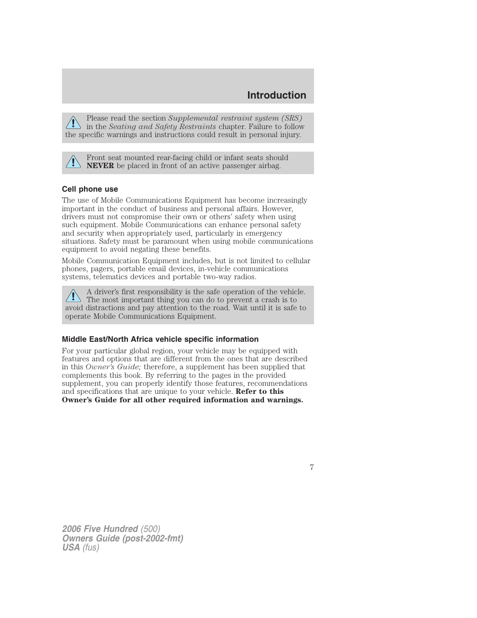Cell phone use, Introduction | FORD 2006 Five Hundred v.1 User Manual | Page 7 / 272