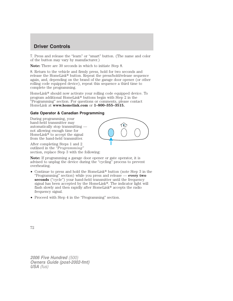 Gate operator & canadian programming, Driver controls | FORD 2006 Five Hundred v.1 User Manual | Page 72 / 272