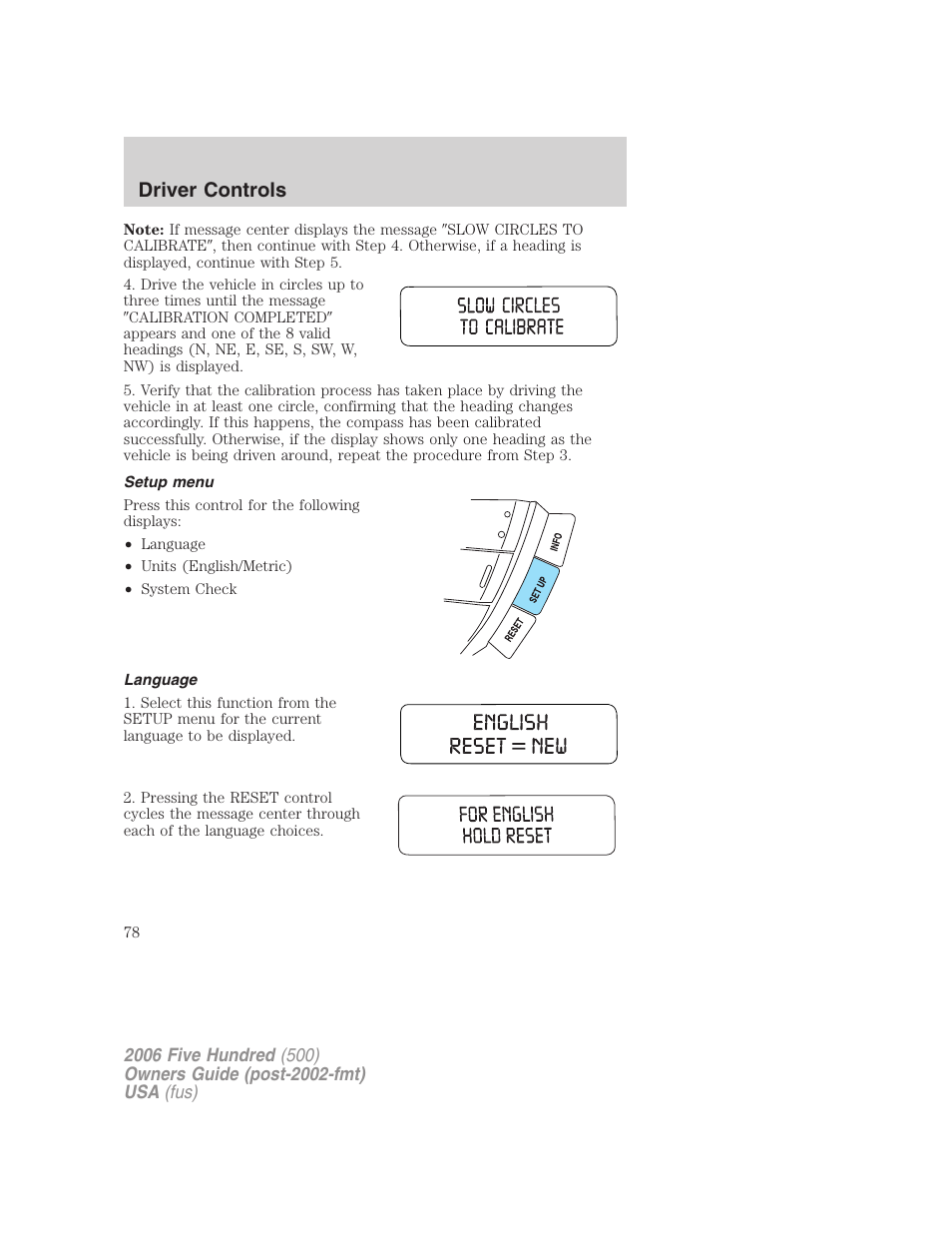 Setup menu, Language, Driver controls | FORD 2006 Five Hundred v.1 User Manual | Page 78 / 272