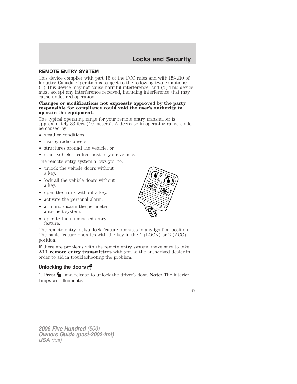Remote entry system, Unlocking the doors, Locks and security | FORD 2006 Five Hundred v.1 User Manual | Page 87 / 272