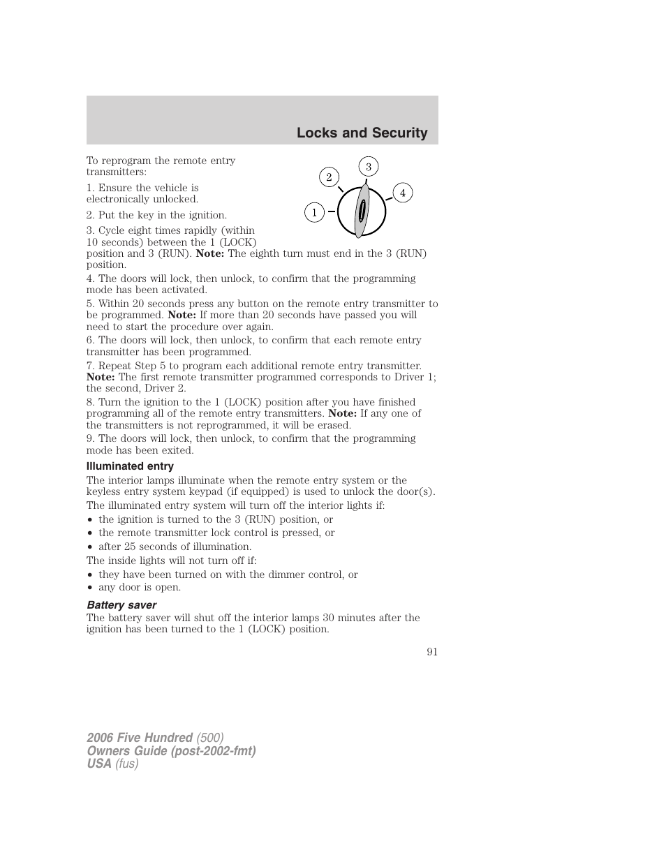 Illuminated entry, Battery saver, Locks and security | FORD 2006 Five Hundred v.1 User Manual | Page 91 / 272