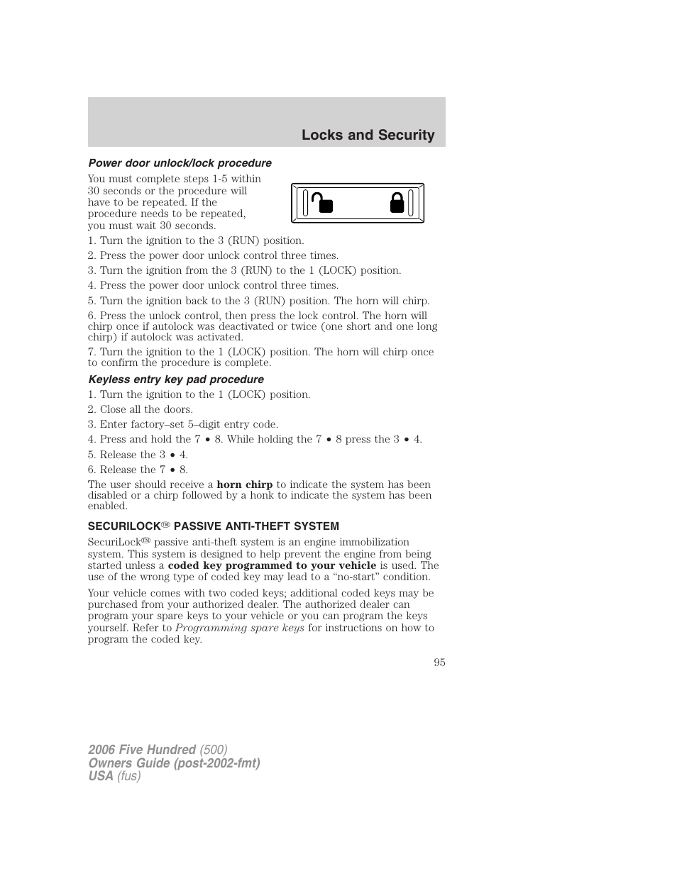 Power door unlock/lock procedure, Keyless entry key pad procedure, Securilock passive anti-theft system | Anti-theft system, Locks and security | FORD 2006 Five Hundred v.1 User Manual | Page 95 / 272
