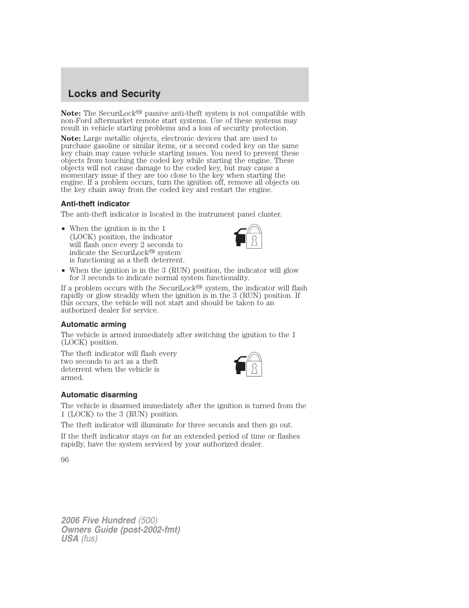 Anti-theft indicator, Automatic arming, Automatic disarming | Locks and security | FORD 2006 Five Hundred v.1 User Manual | Page 96 / 272