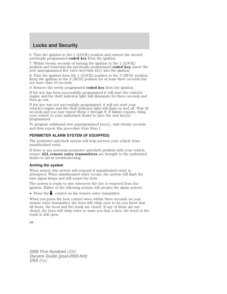 Perimeter alarm system (if equipped), Arming the system, Locks and security | FORD 2006 Five Hundred v.1 User Manual | Page 98 / 272