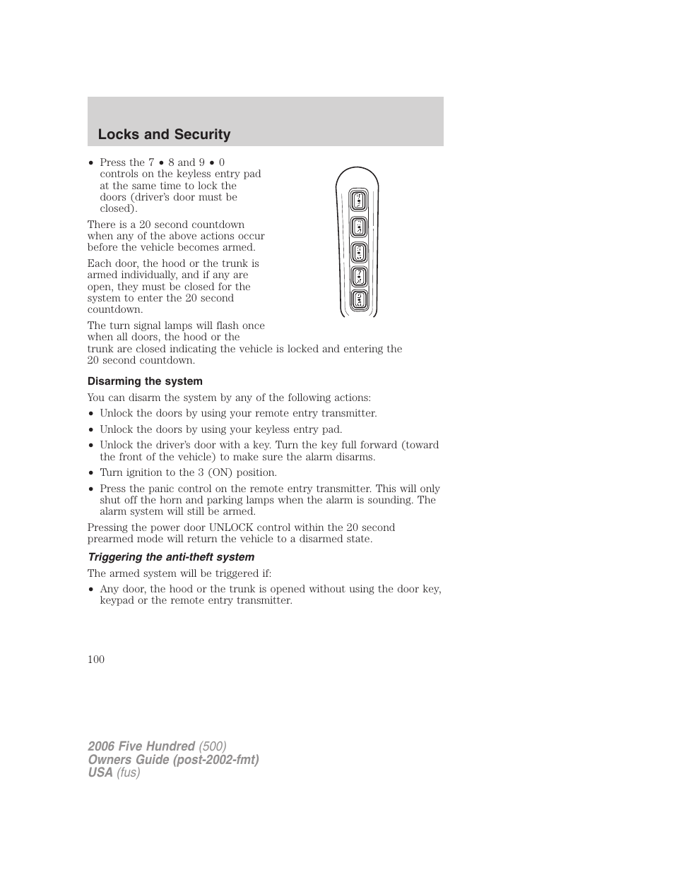 Disarming the system, Triggering the anti-theft system, Locks and security | FORD 2006 Five Hundred v.2 User Manual | Page 100 / 280