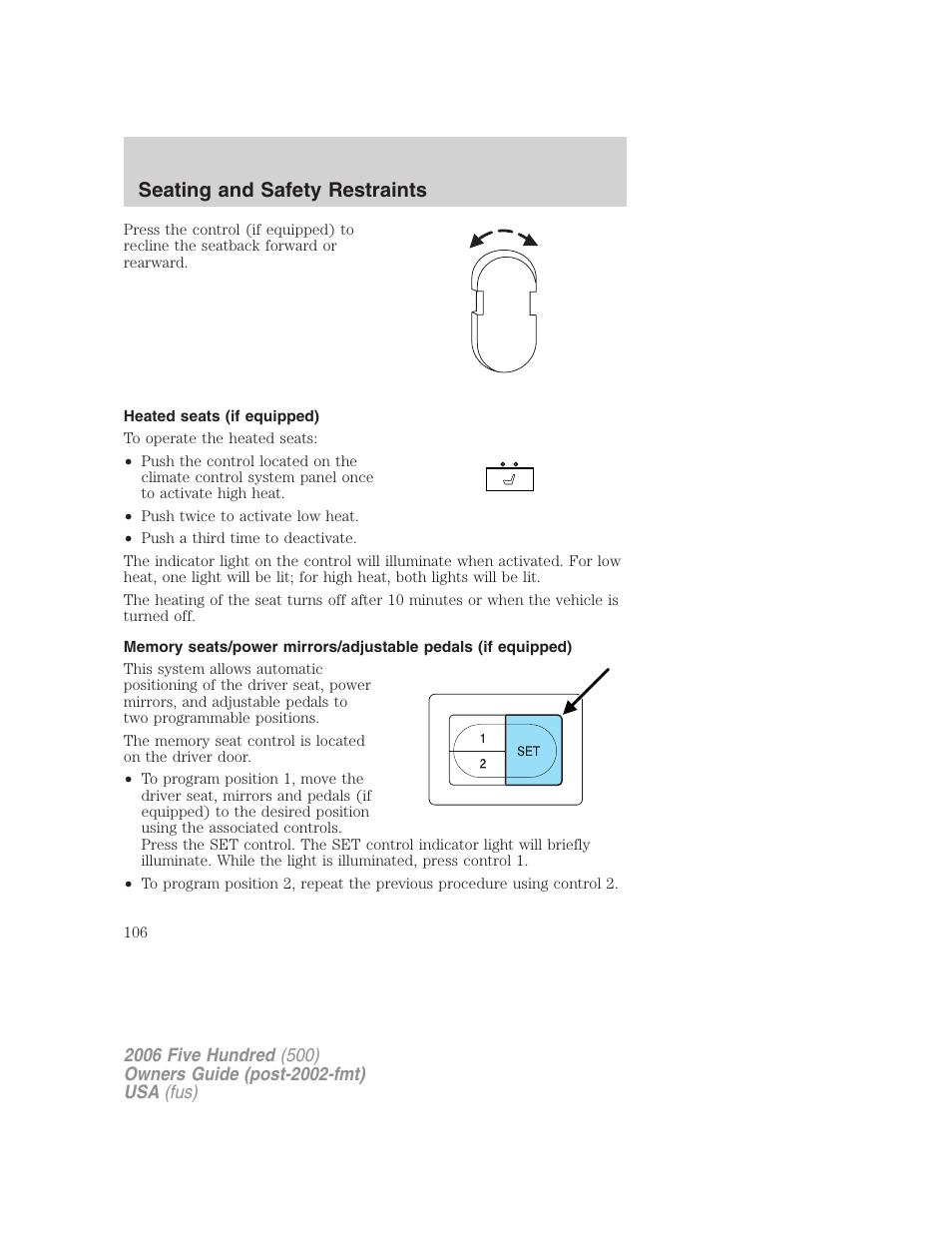 Heated seats (if equipped), Seating and safety restraints | FORD 2006 Five Hundred v.2 User Manual | Page 106 / 280