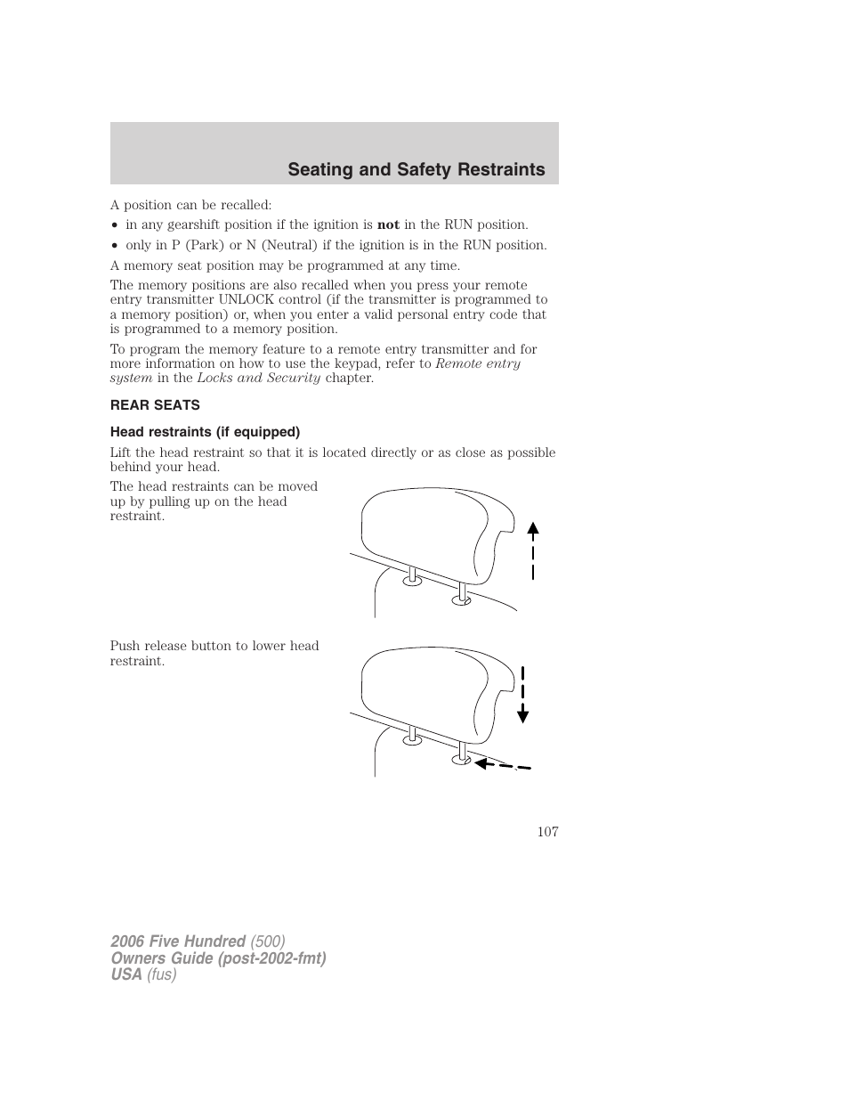 Rear seats, Head restraints (if equipped), Seating and safety restraints | FORD 2006 Five Hundred v.2 User Manual | Page 107 / 280