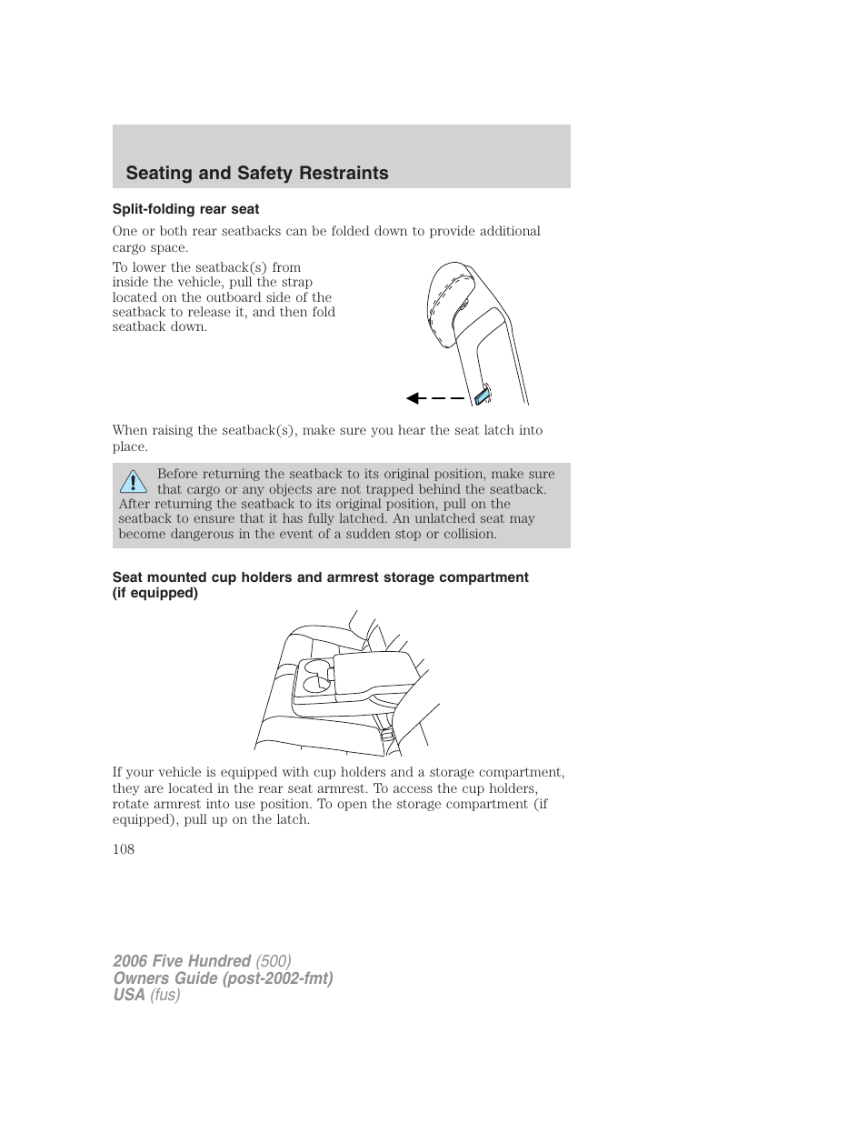 Split-folding rear seat, Seating and safety restraints | FORD 2006 Five Hundred v.2 User Manual | Page 108 / 280