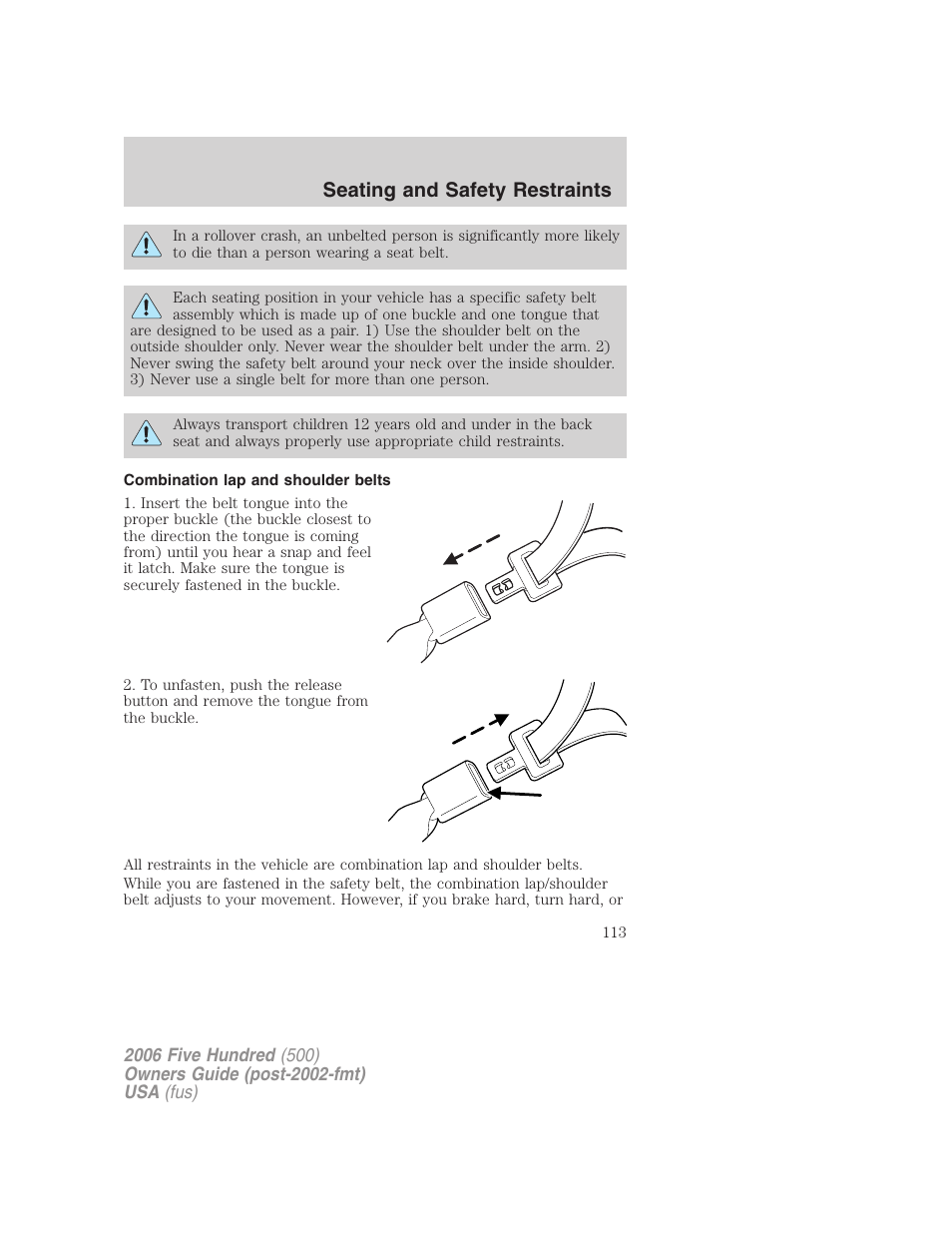 Combination lap and shoulder belts, Seating and safety restraints | FORD 2006 Five Hundred v.2 User Manual | Page 113 / 280