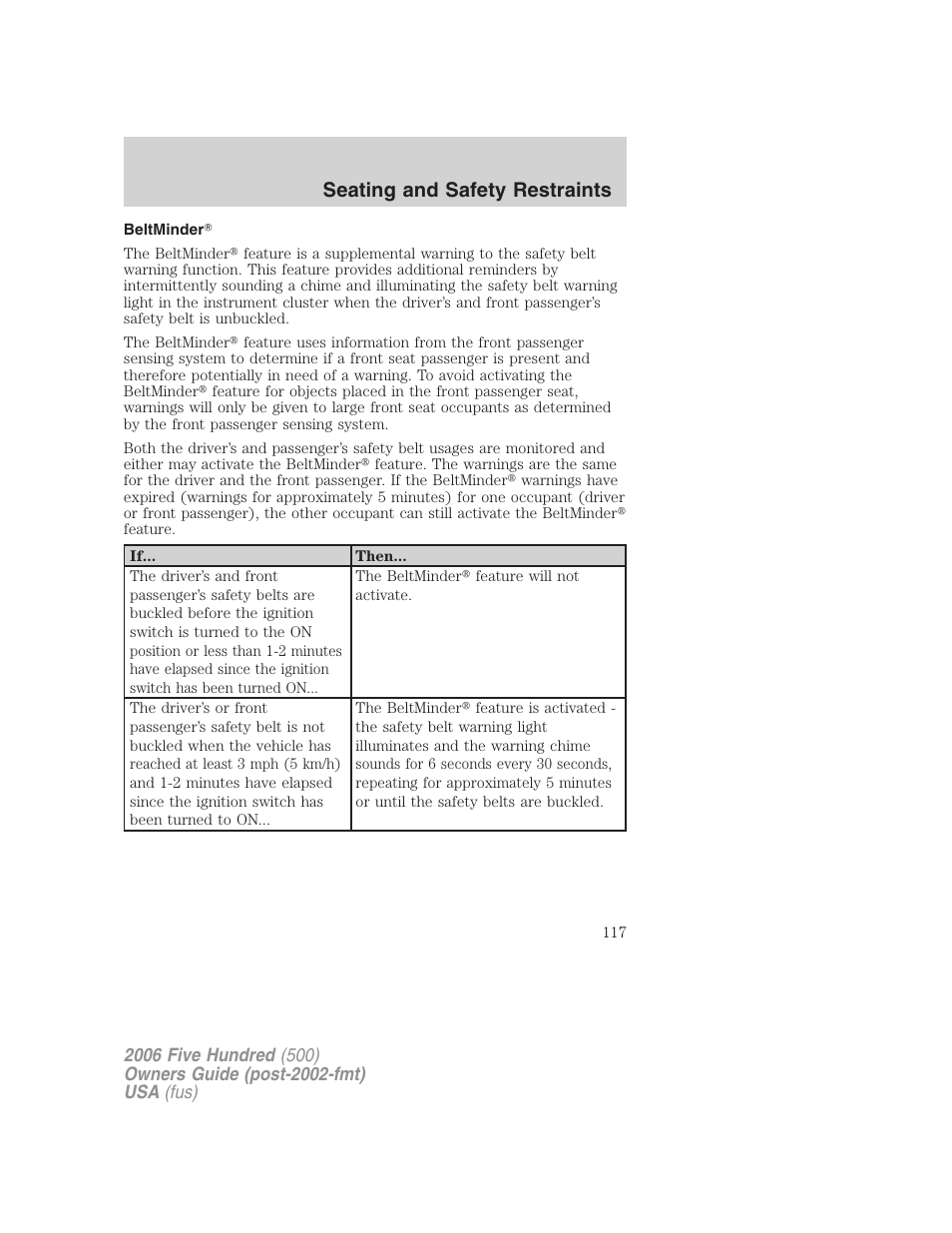 Beltminder, Seating and safety restraints | FORD 2006 Five Hundred v.2 User Manual | Page 117 / 280
