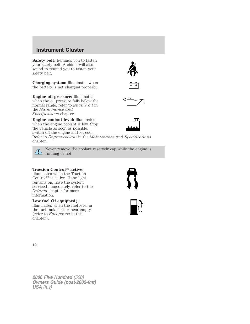 Instrument cluster | FORD 2006 Five Hundred v.2 User Manual | Page 12 / 280