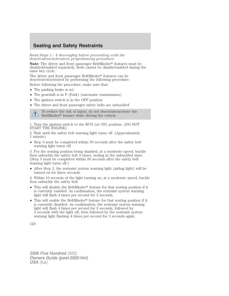 Seating and safety restraints | FORD 2006 Five Hundred v.2 User Manual | Page 120 / 280