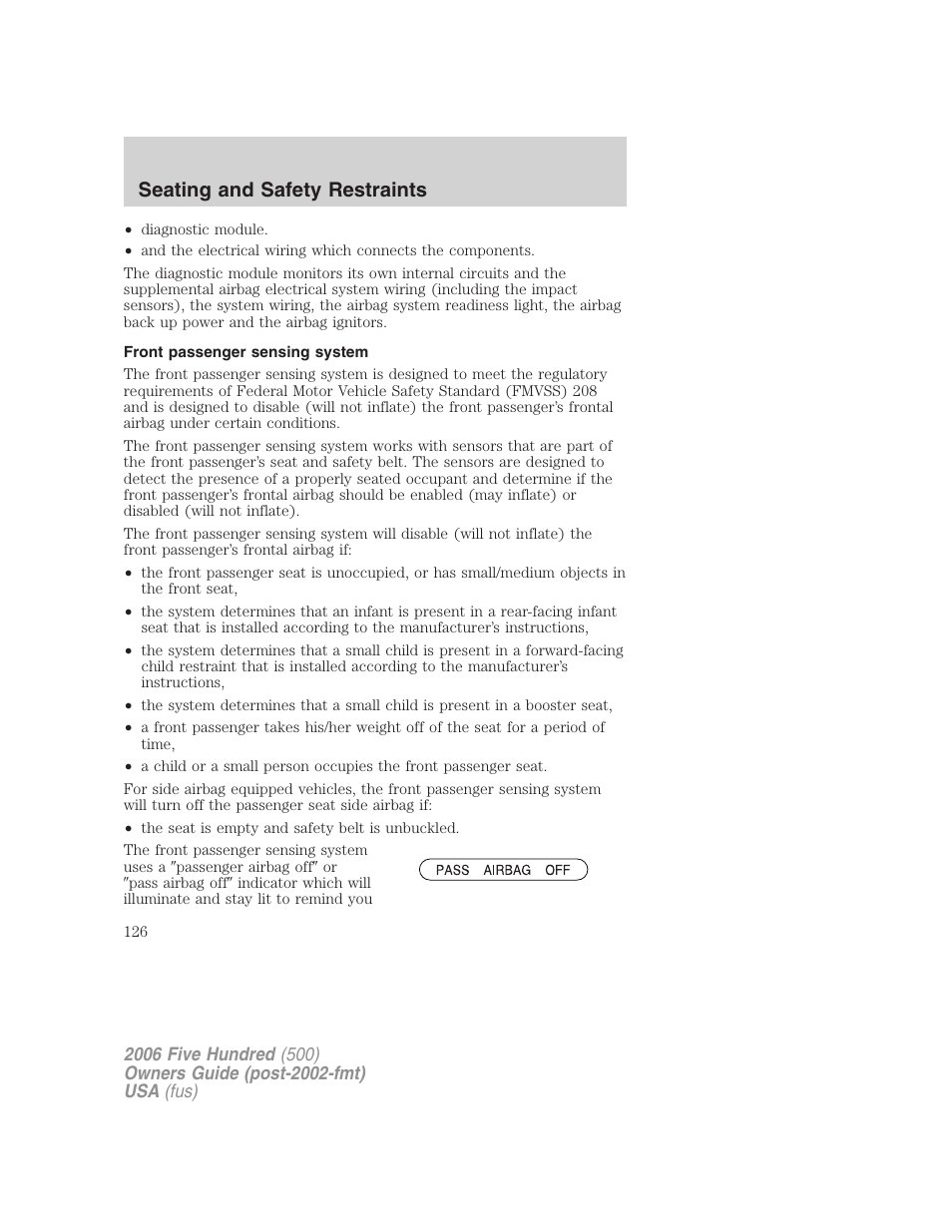 Front passenger sensing system, Seating and safety restraints | FORD 2006 Five Hundred v.2 User Manual | Page 126 / 280
