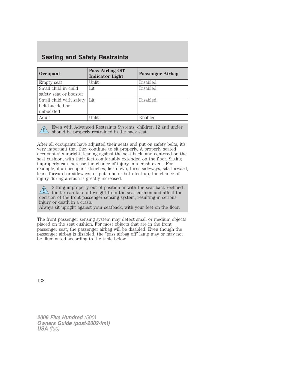 Seating and safety restraints | FORD 2006 Five Hundred v.2 User Manual | Page 128 / 280