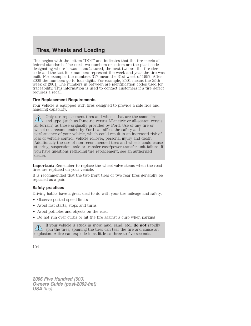 Tire replacement requirements, Safety practices, Tires, wheels and loading | FORD 2006 Five Hundred v.2 User Manual | Page 154 / 280