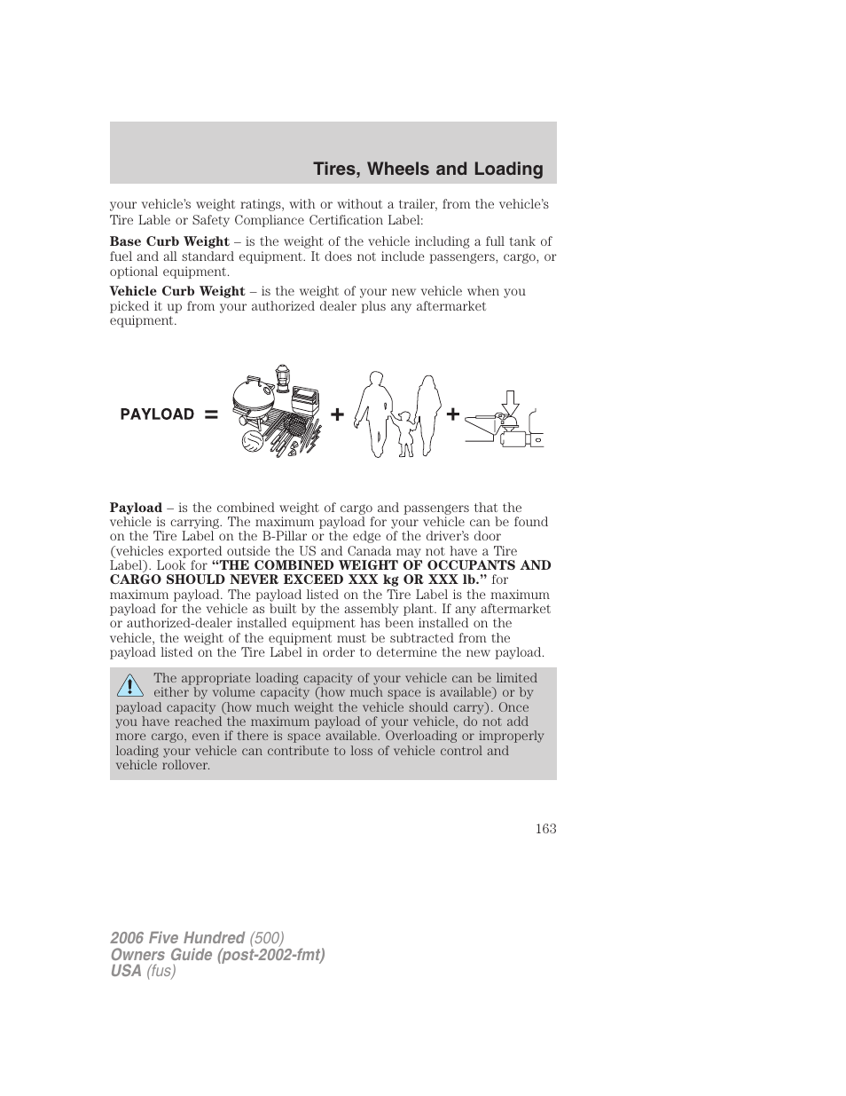 Tires, wheels and loading | FORD 2006 Five Hundred v.2 User Manual | Page 163 / 280