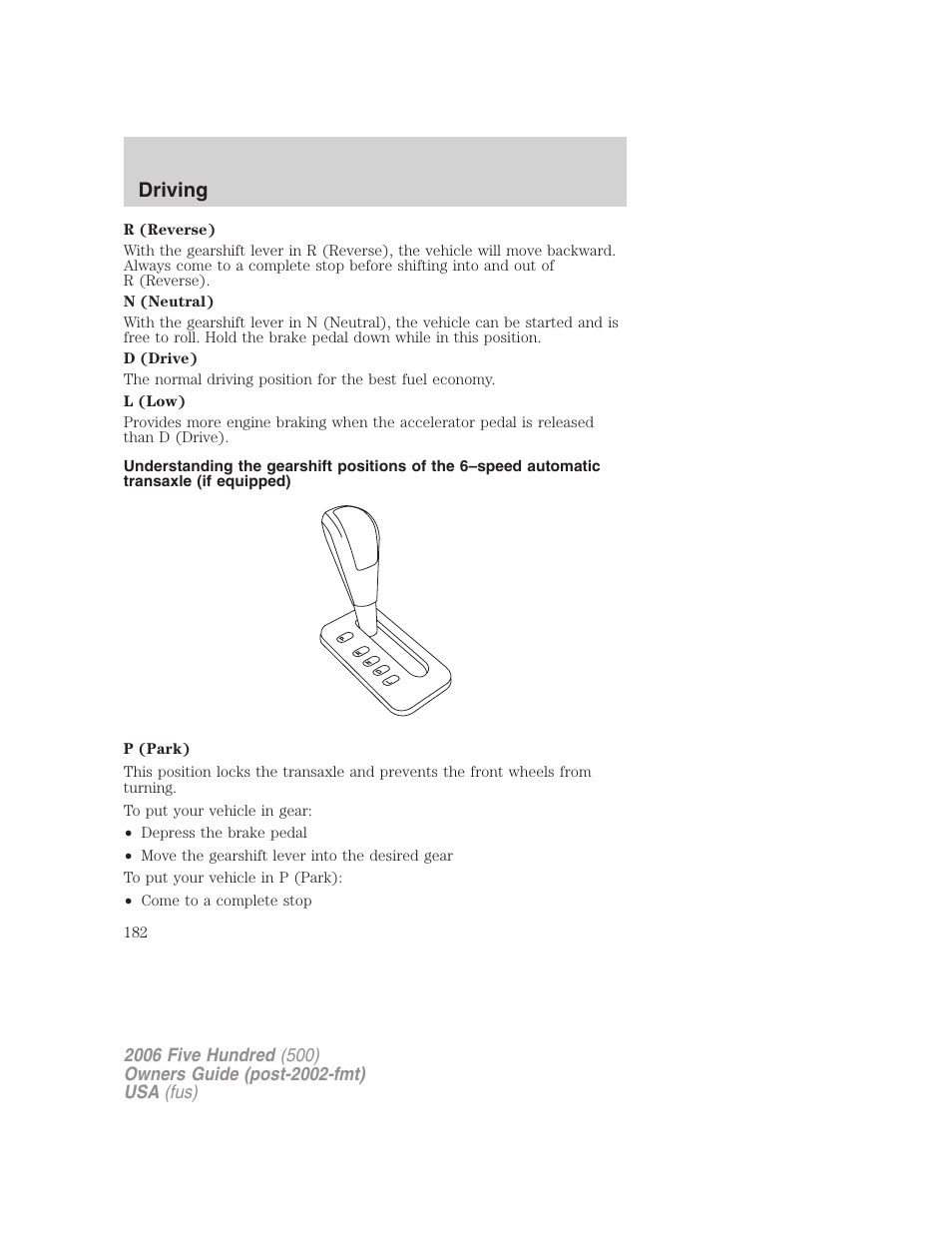 Driving | FORD 2006 Five Hundred v.2 User Manual | Page 182 / 280