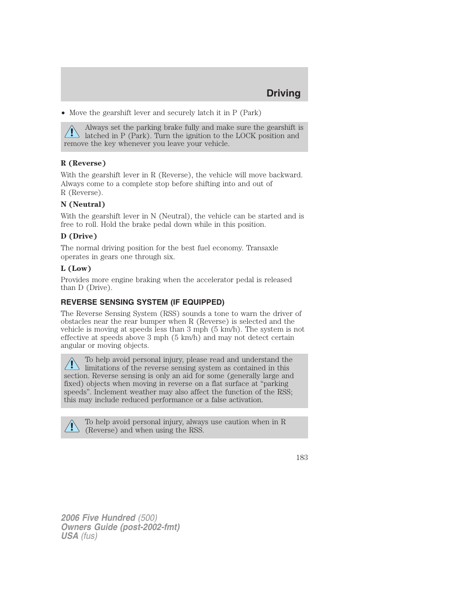 Reverse sensing system (if equipped), Driving | FORD 2006 Five Hundred v.2 User Manual | Page 183 / 280