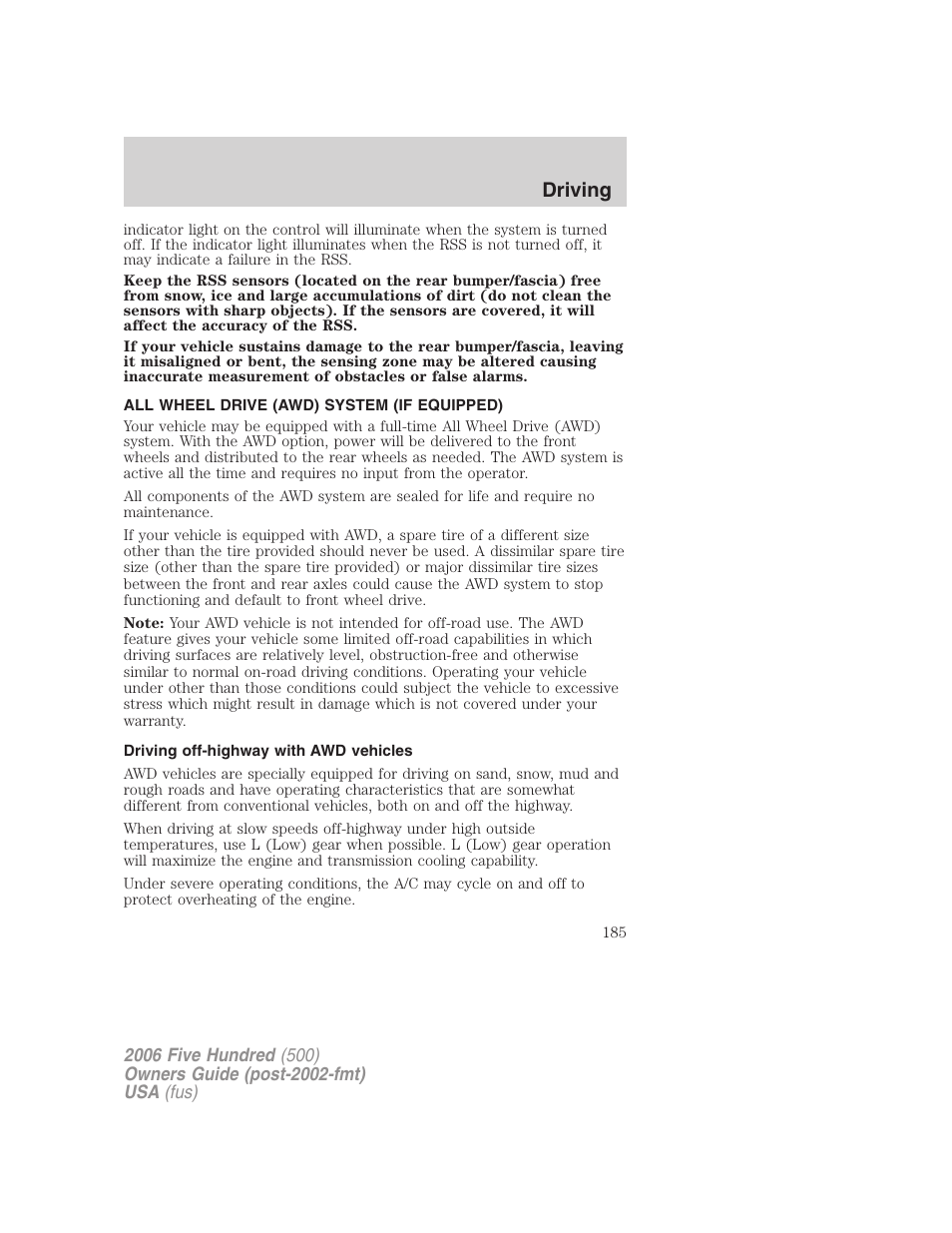 All wheel drive (awd) system (if equipped), Driving off-highway with awd vehicles, Driving | FORD 2006 Five Hundred v.2 User Manual | Page 185 / 280