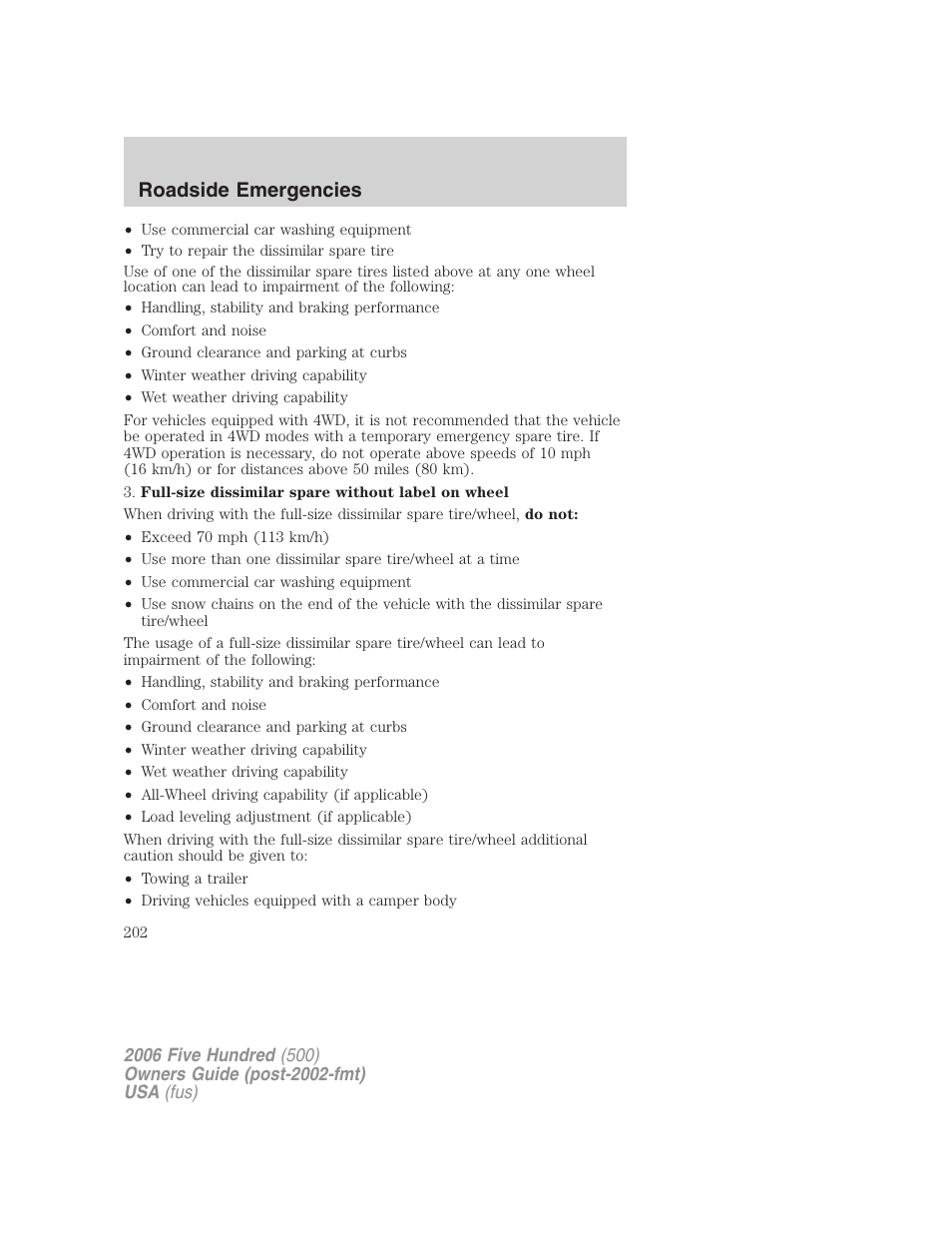 Roadside emergencies | FORD 2006 Five Hundred v.2 User Manual | Page 202 / 280