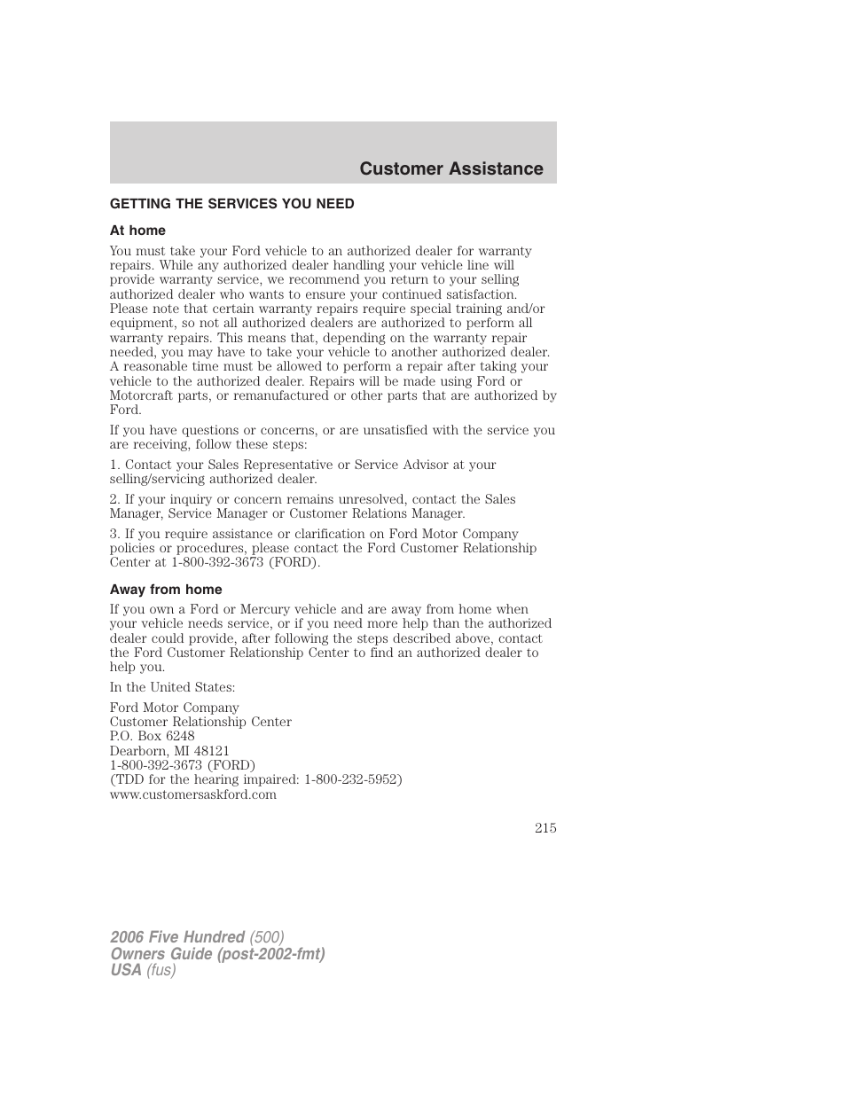 Customer assistance, Getting the services you need, At home | Away from home | FORD 2006 Five Hundred v.2 User Manual | Page 215 / 280