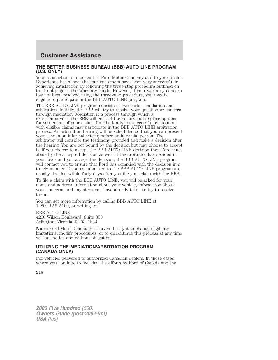 Customer assistance | FORD 2006 Five Hundred v.2 User Manual | Page 218 / 280