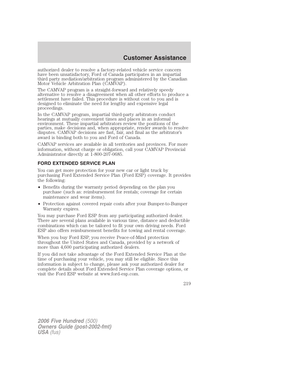 Ford extended service plan, Customer assistance | FORD 2006 Five Hundred v.2 User Manual | Page 219 / 280