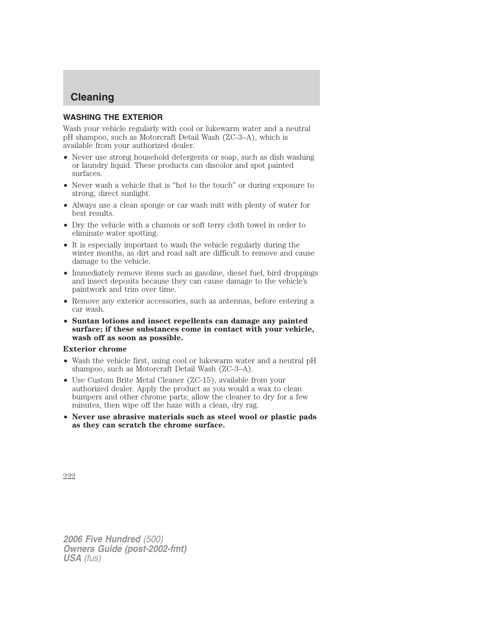 Cleaning, Washing the exterior | FORD 2006 Five Hundred v.2 User Manual | Page 222 / 280