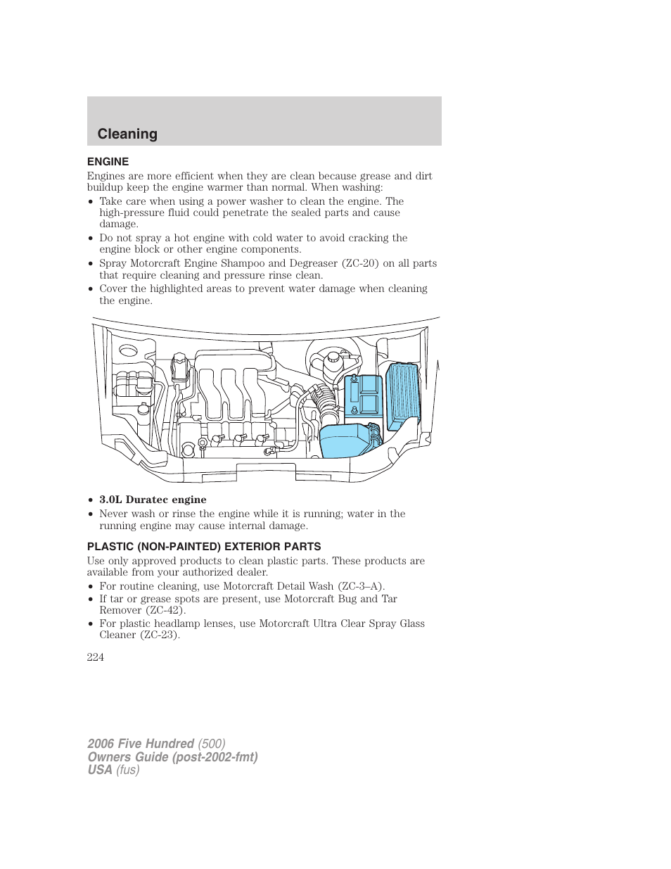 Engine, Plastic (non-painted) exterior parts, Cleaning | FORD 2006 Five Hundred v.2 User Manual | Page 224 / 280
