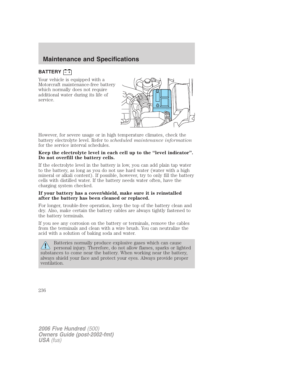 Battery, Maintenance and specifications | FORD 2006 Five Hundred v.2 User Manual | Page 236 / 280
