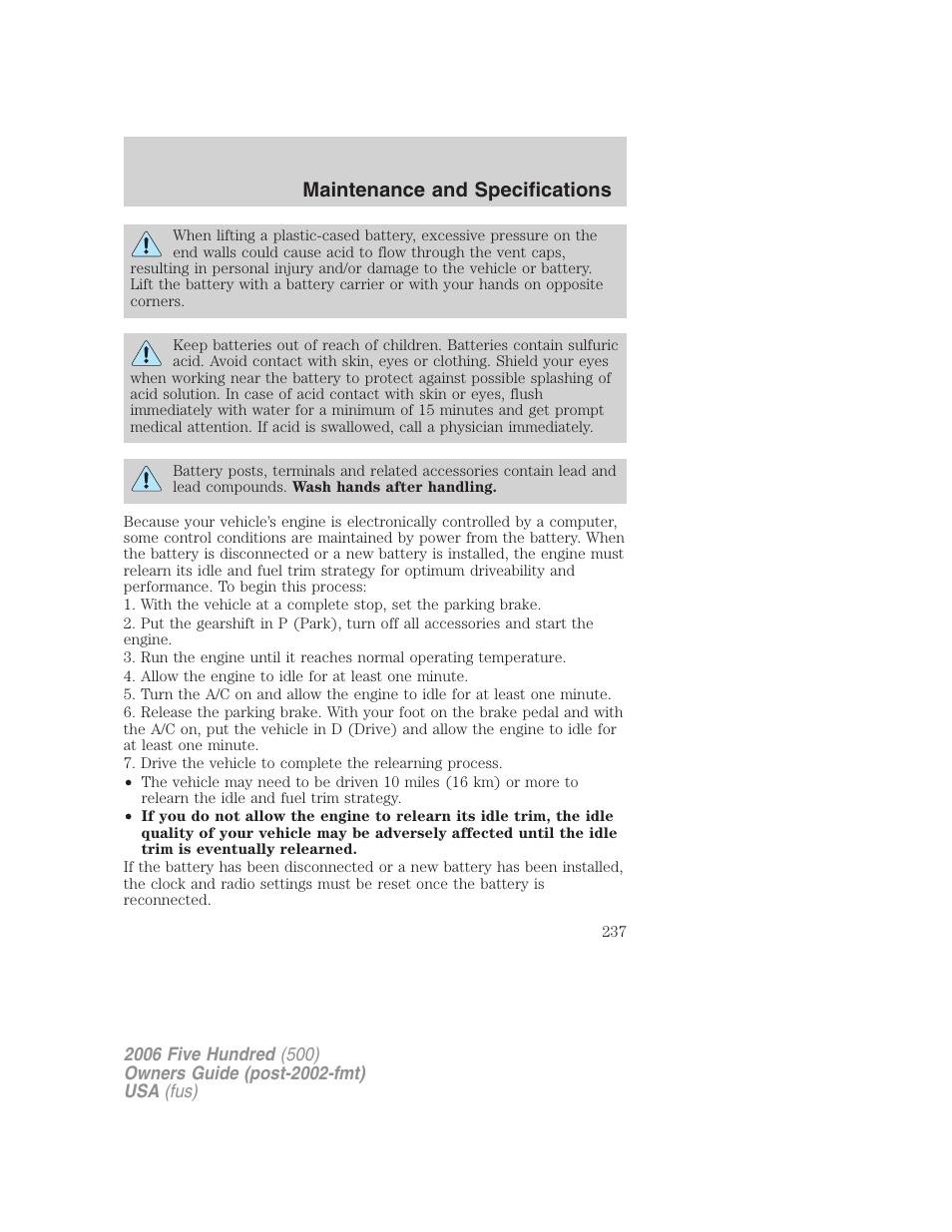 Maintenance and specifications | FORD 2006 Five Hundred v.2 User Manual | Page 237 / 280