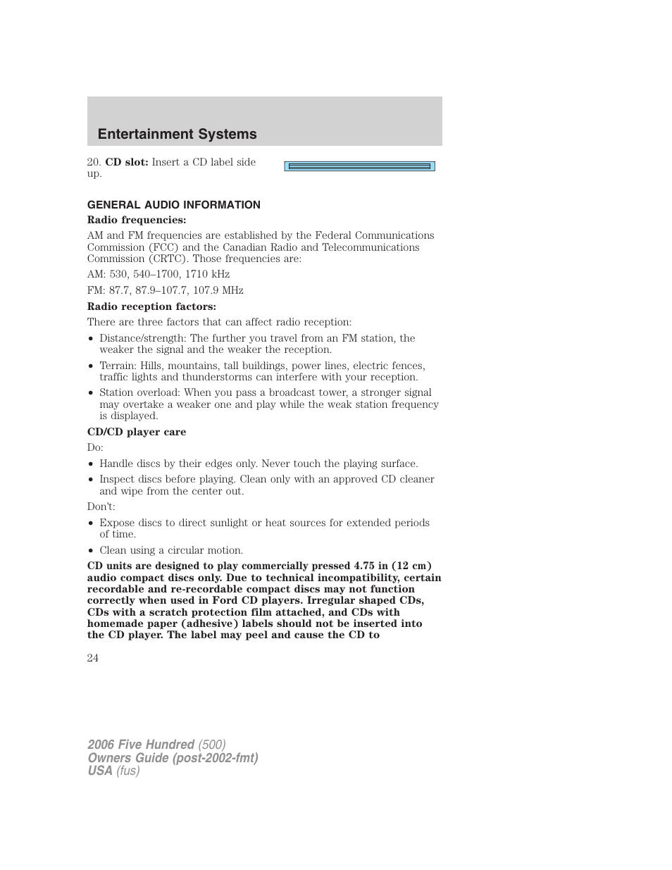 General audio information, Entertainment systems | FORD 2006 Five Hundred v.2 User Manual | Page 24 / 280