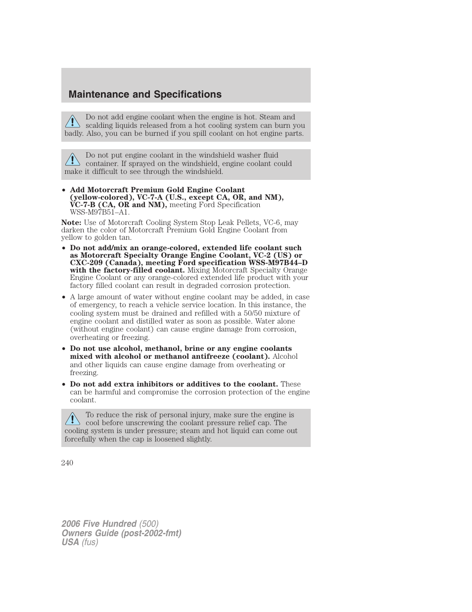 Maintenance and specifications | FORD 2006 Five Hundred v.2 User Manual | Page 240 / 280
