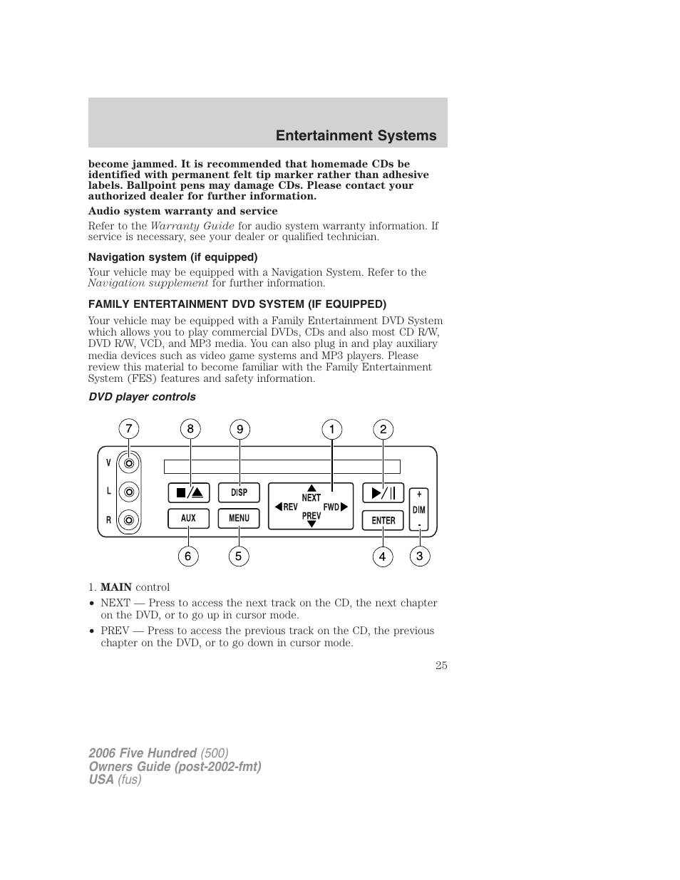 Navigation system (if equipped), Family entertainment dvd system (if equipped), Dvd player controls | Family entertainment system, Entertainment systems | FORD 2006 Five Hundred v.2 User Manual | Page 25 / 280