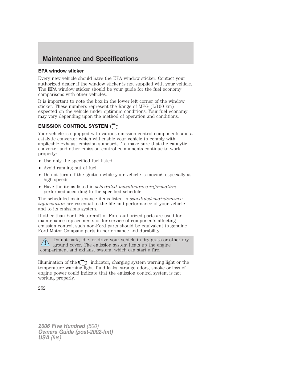 Epa window sticker, Emission control system, Maintenance and specifications | FORD 2006 Five Hundred v.2 User Manual | Page 252 / 280