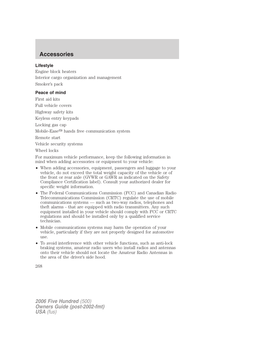 Lifestyle, Peace of mind, Accessories | FORD 2006 Five Hundred v.2 User Manual | Page 268 / 280