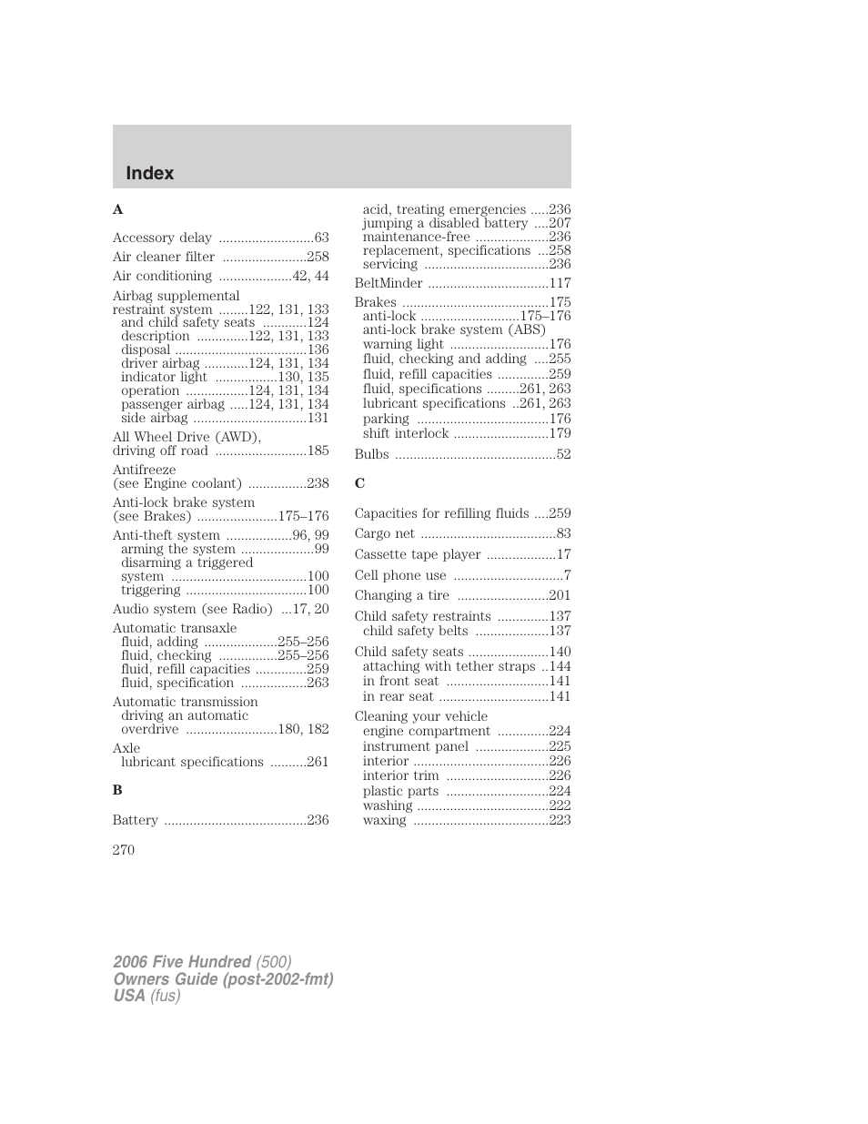 Index | FORD 2006 Five Hundred v.2 User Manual | Page 270 / 280