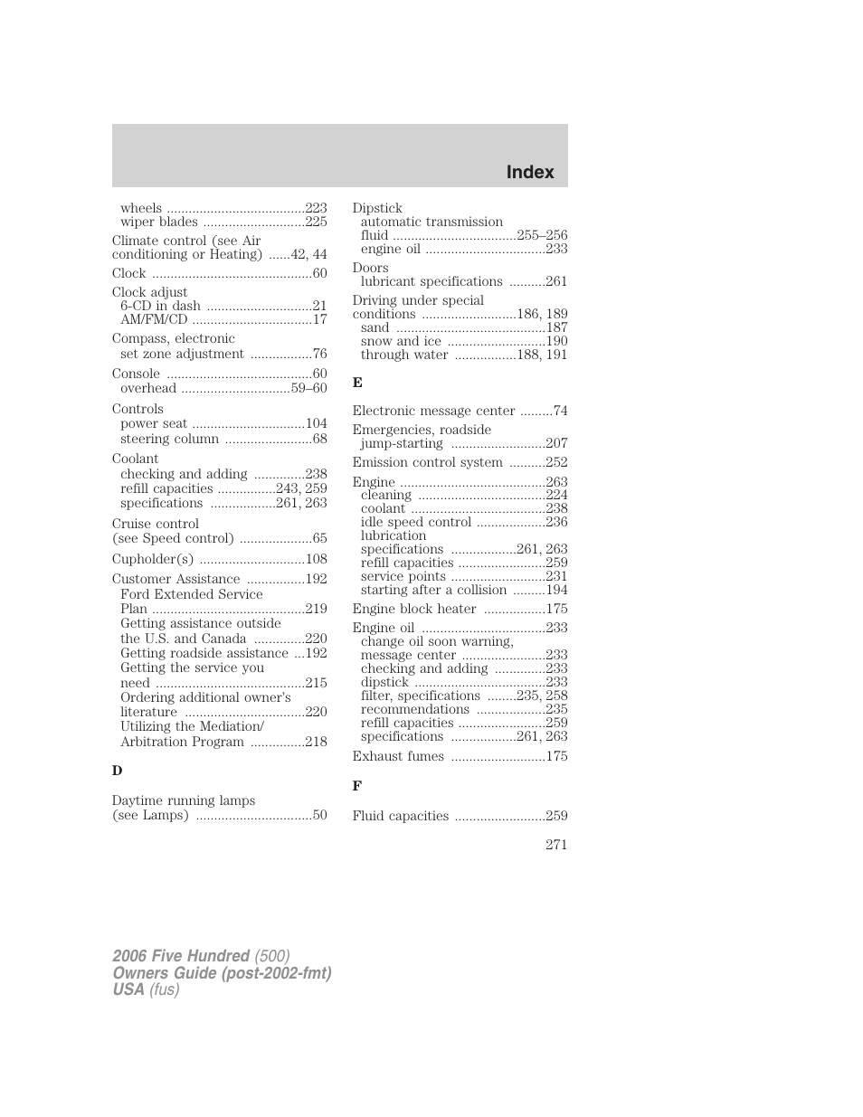 Index | FORD 2006 Five Hundred v.2 User Manual | Page 271 / 280