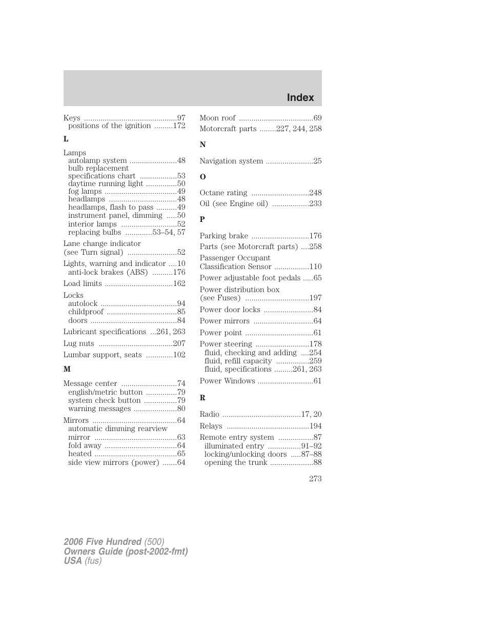 Index | FORD 2006 Five Hundred v.2 User Manual | Page 273 / 280