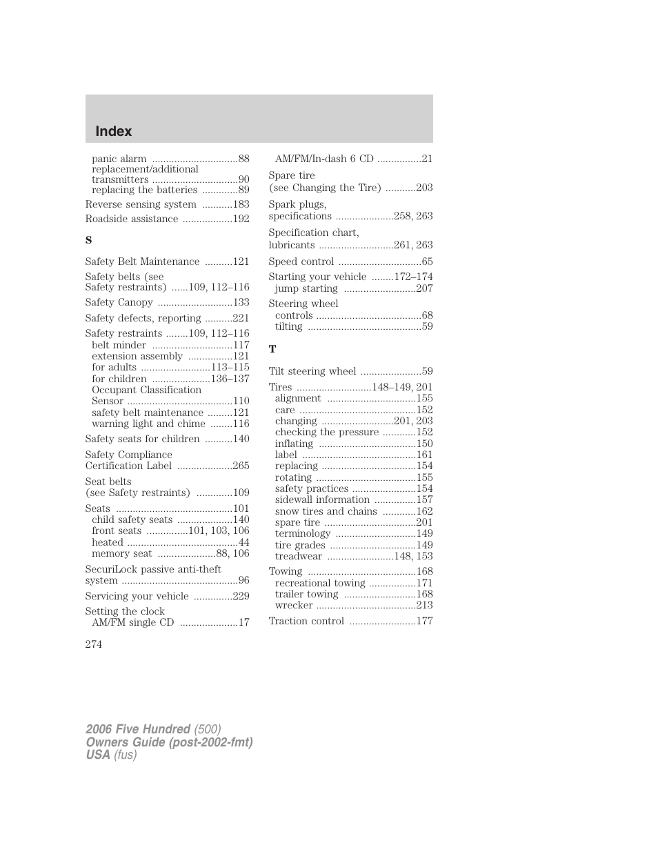 Index | FORD 2006 Five Hundred v.2 User Manual | Page 274 / 280