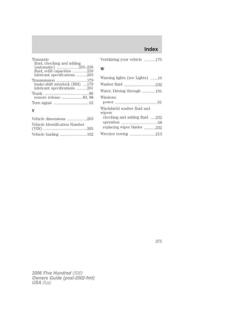 Index | FORD 2006 Five Hundred v.2 User Manual | Page 275 / 280