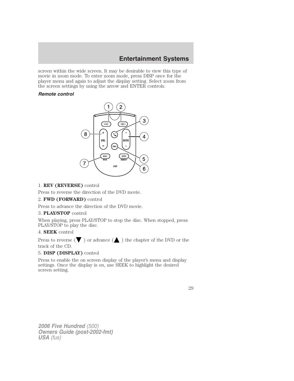 Remote control, Entertainment systems | FORD 2006 Five Hundred v.2 User Manual | Page 29 / 280