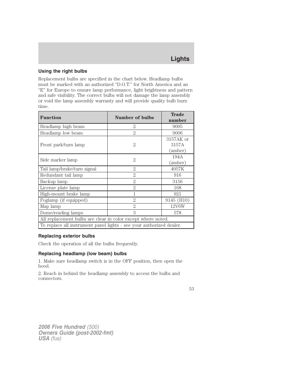 Using the right bulbs, Replacing exterior bulbs, Replacing headlamp (low beam) bulbs | Lights | FORD 2006 Five Hundred v.2 User Manual | Page 53 / 280